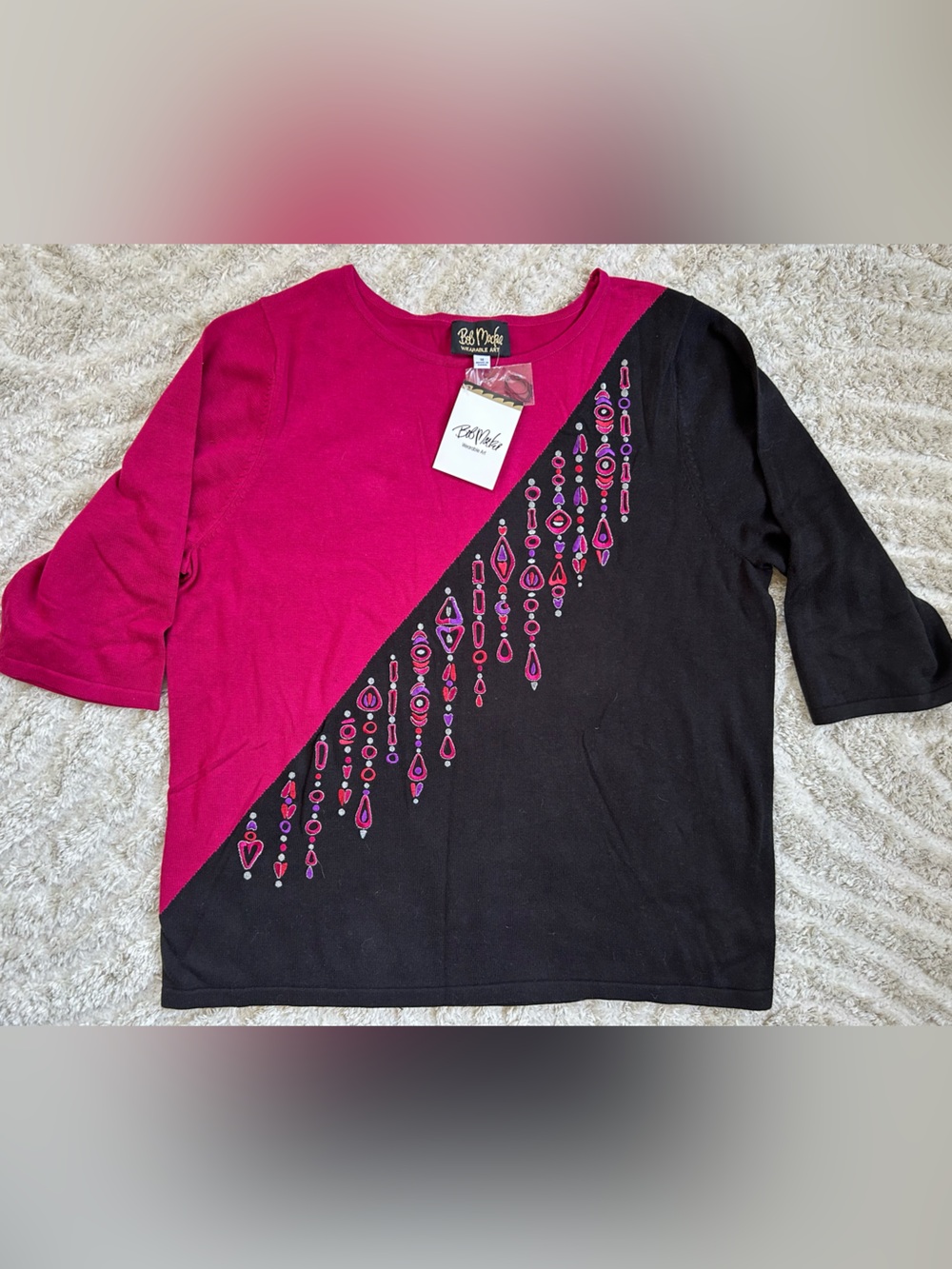 NWT Bob Mackie Two-Tone Pink and Black Beaded Diagonal Tee
